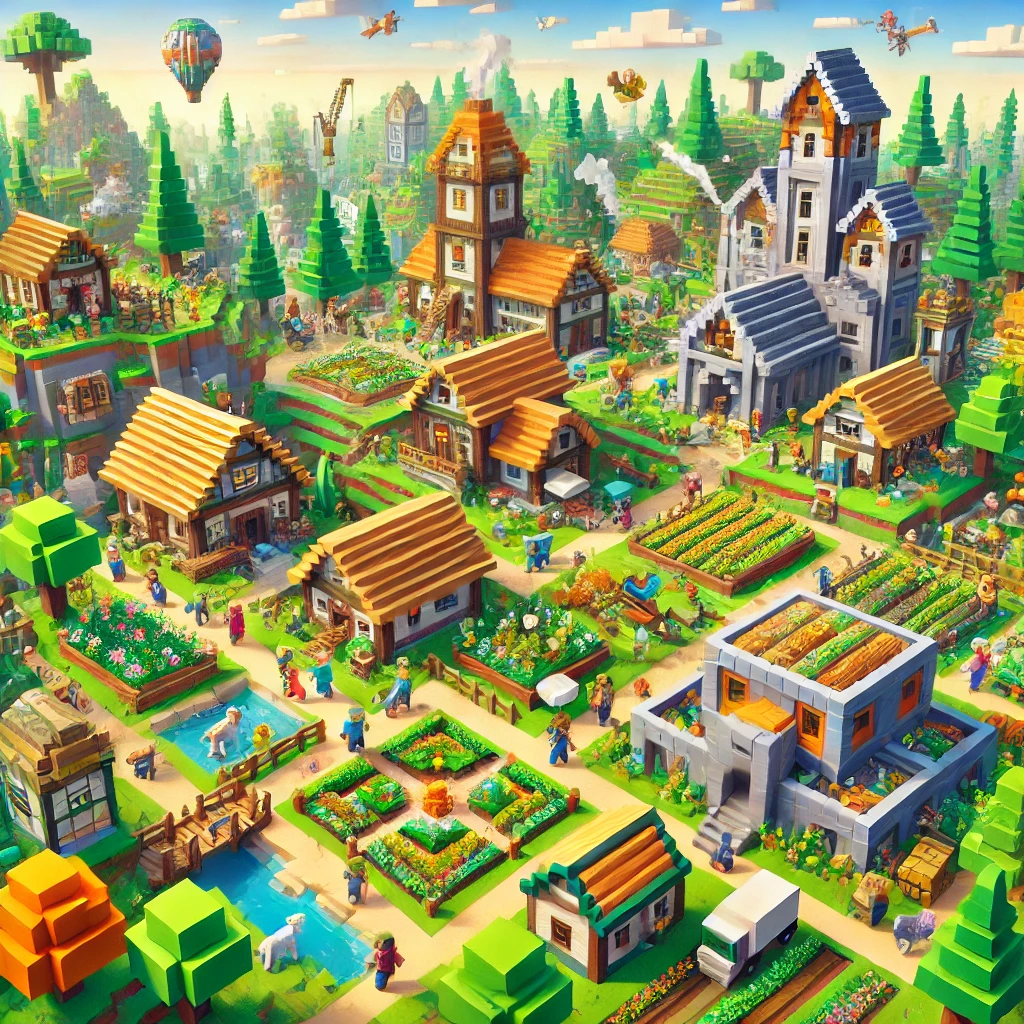 Minecraft world with players building and exploring, showing houses, towers, and farms.